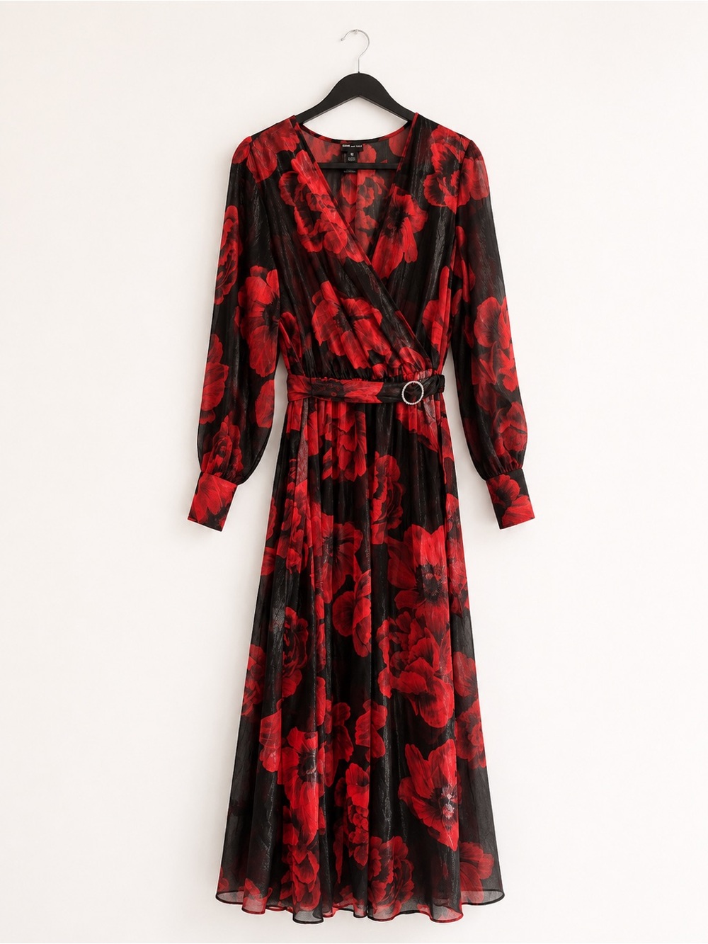 Red Floral Wrap Maxi Dress with Belted Waist